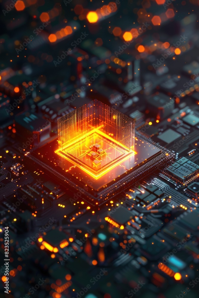 Poster Detailed view of a circuit board with illuminated lights. Perfect for technology or electronics concepts