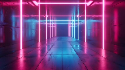 Neon light abstract background. Tunnel or corridor pink blue neon glow lights. Laser lines and LED technology create glow. Cyber club neon light stage room. Data transfer. Fast network 