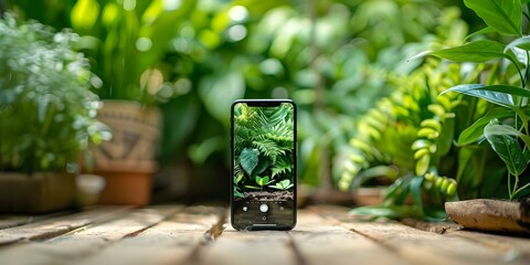 Smartphone screen displaying a growing plant promoting ecology and environment awareness. Concept Eco-friendly Technology, Plant Growth, Digital Promotion, Environmental Awareness
