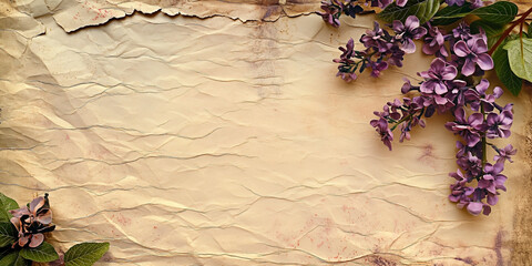 Blank vintage parchment with purple lilacs adornment. Mockup design. Can be used as background.