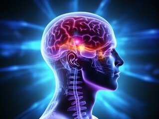 A glowing digital illustration of the human brain, showcasing neural activity and brainwaves on a futuristic background.