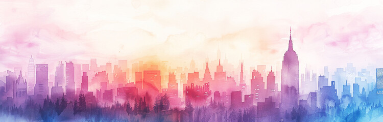 Banner, colorful watercolor buildings, skyscrapers in New York, pastel colors, white background.	