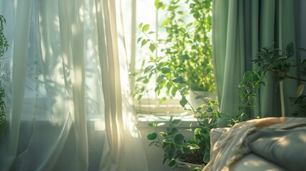 Sunlight streaming through sheer curtains onto indoor plants on a morning.