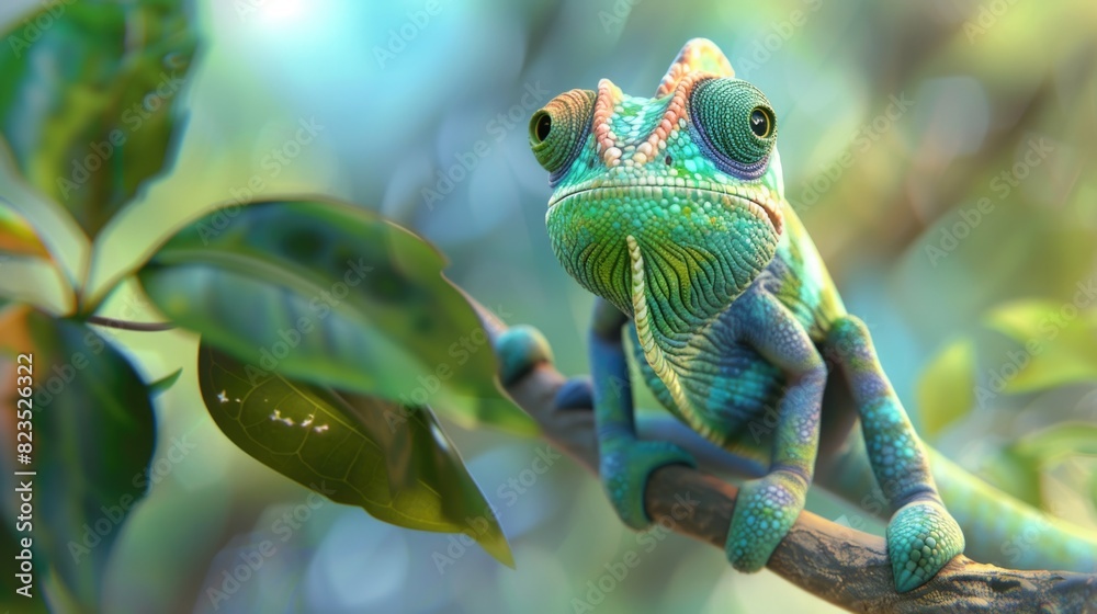 Poster a vibrant chameleon perched on a tree branch. ideal for nature and wildlife concepts