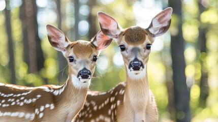 Young deer standing by adult deer in natural forest habitat, wildlife scene with animals - Powered by Adobe