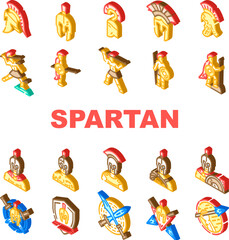 spartan warrior helmet icons set vector. roman sparta, battle armor, gladiator soldier, greek ancient, head centurion, knight spartan warrior helmet isometric sign illustrations