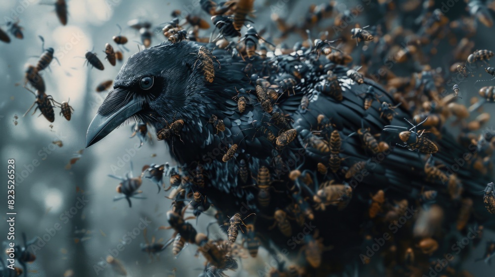 Poster a large black bird surrounded by bees. suitable for nature and wildlife concepts