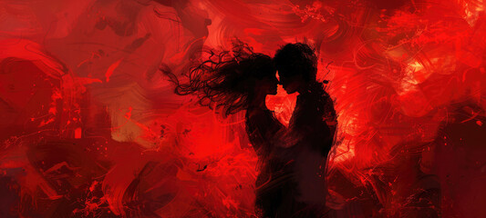 Silhouette of a couple in love, an attractive man and woman hugging each other, ready to kiss. Cover of a book about love, red, illustration for a romance novel.