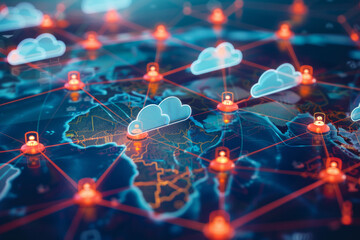 Cloud icons distributed across a global map, connected by high-speed data highways, illustrating the efficiency and performance benefits of cloud-based content delivery networks 