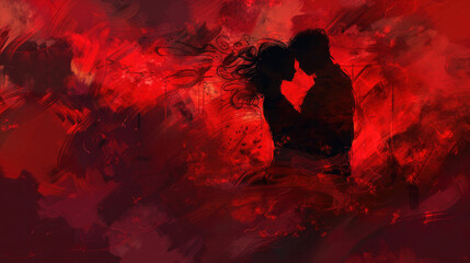 Silhouette of a couple in love, an attractive man and woman hugging each other, ready to kiss. Cover of a book about love, red, illustration for a romance novel.