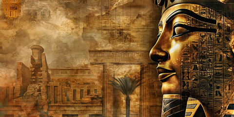 Side view of pharaoh statue against Ancient Egypt architectural elements. Vintage-like Ancient Egypt background.