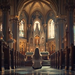 Fototapeta premium Young woman praying and meditating in church, sitting, prayer person. God is one for all