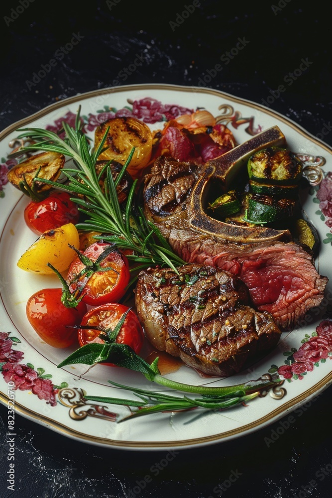 Wall mural a plate of meat and vegetables on a table. suitable for food and cooking concepts