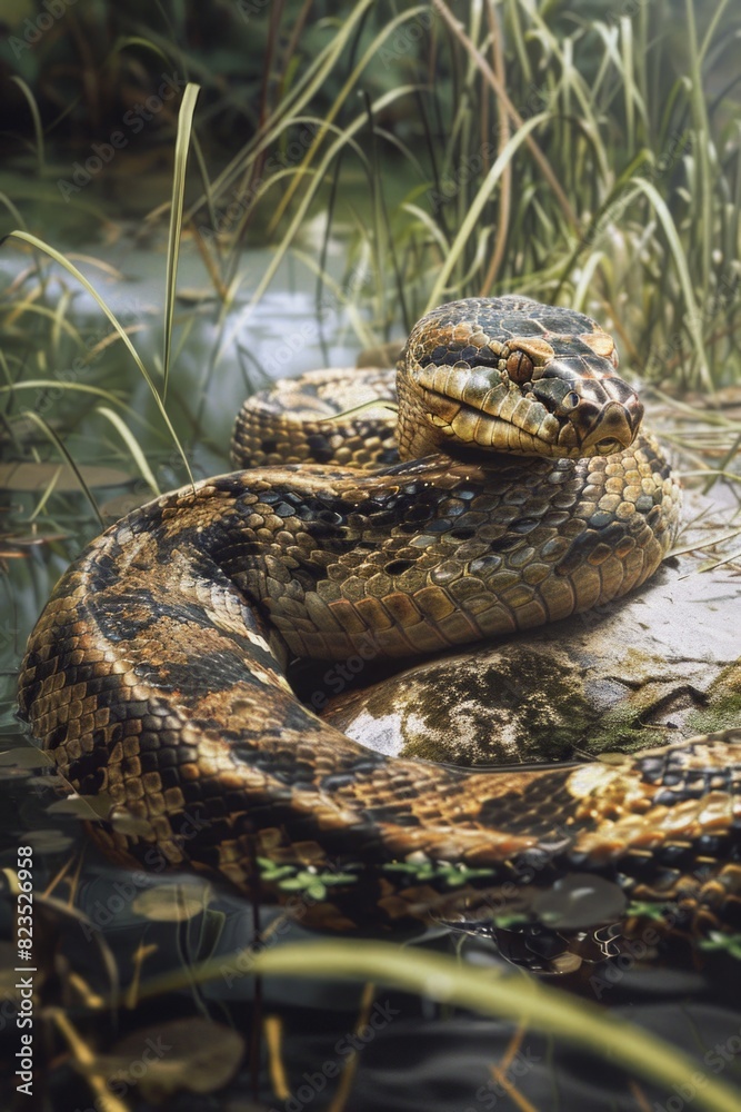 Poster a large snake resting on top of a body of water. suitable for various nature-themed projects