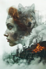 Young woman, wolf, train, double exposure. Book cover, illustration of a modern adventure novel.