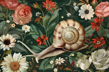 A snail is on a green background with flowers. The snail is surrounded by a variety of flowers, including roses, daisies, and sunflowers. The image has a whimsical and playful mood