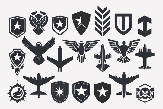 Collection of various military emblems on a white background. Perfect for patriotic designs