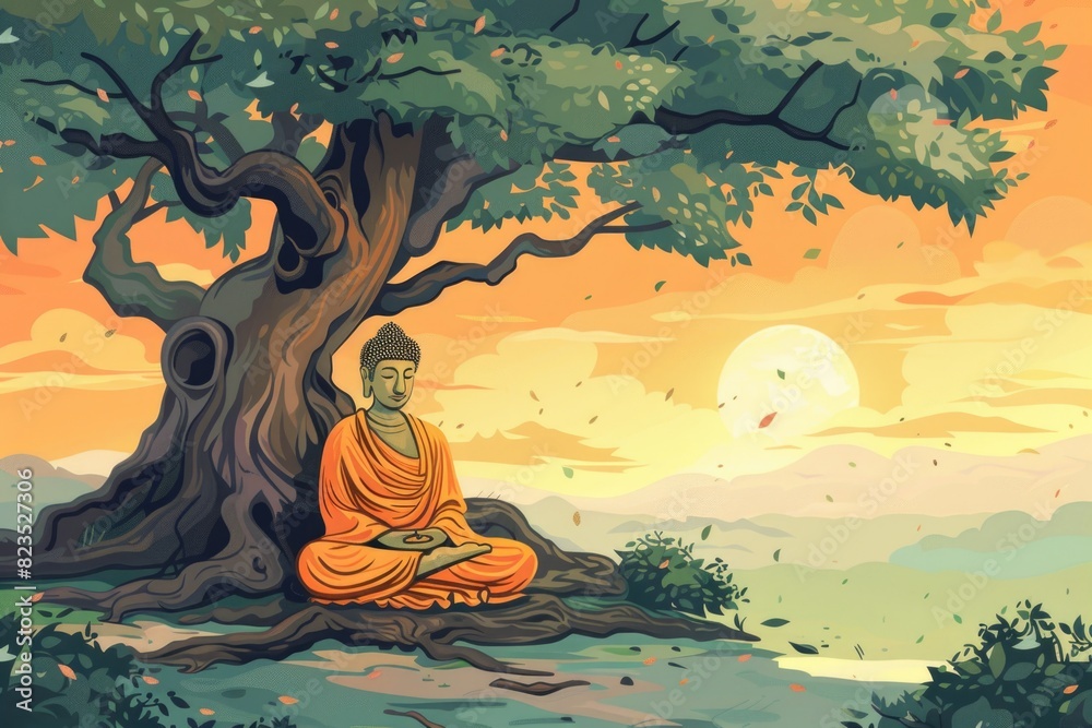 Poster a peaceful scene of a person sitting under a tree with a beautiful sunset in the background. suitabl