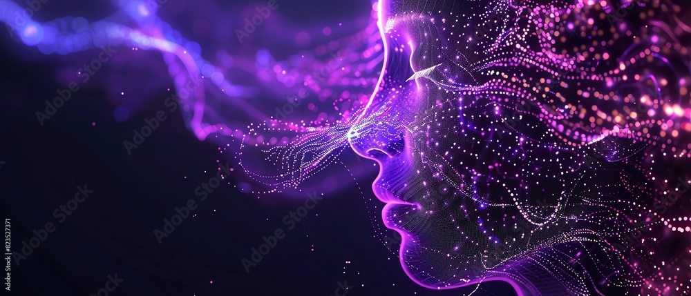 Wall mural lilac color digital hologram futuristic face neuron link on a neuron connection, artificial intellig - Wall murals