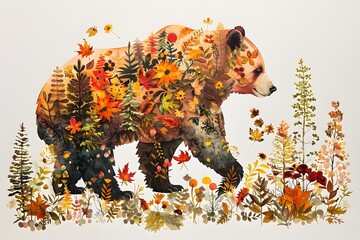 A bear is walking through a field of flowers and leaves. The bear is surrounded by a variety of plants and trees, creating a beautiful and serene scene. The colors of the leaves