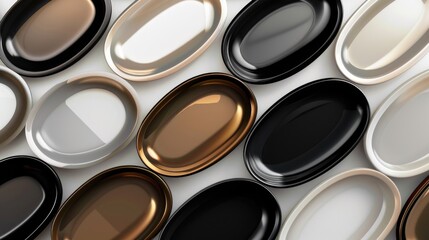 Close up view of a bunch of oval plates. Perfect for kitchenware or restaurant concepts