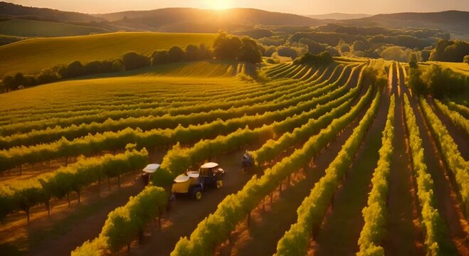 A picturesque view of vineyard rows bathed in the warm glow of sunset, with a tractor and workers tending to the grapevines in the rolling hills, showcasing the beauty of agricultural life