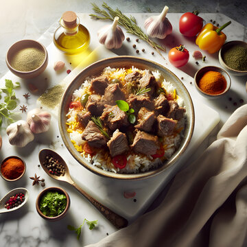 Skoudehkaris Lamb Stew with Ingredients on Marble Counter