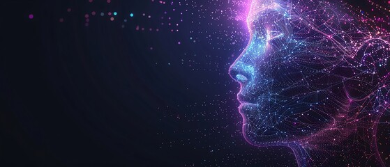 Lilac color digital hologram futuristic face neuron link on a neuron connection, Artificial intelligence concept, isolated on black background