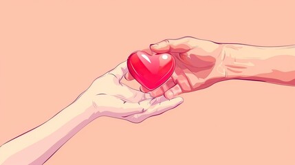 A pink background with a red heart in the center. Two hands, one light-skinned and one dark-skinned, are holding the heart together.

