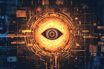Cybernetic eye with glowing orange center and intricate circuitry on a digital background