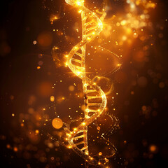 A glowing DNA strand is the main focus of this image. The DNA is depicted in a spiral shape, with a golden hue that gives it a sense of warmth and life. The image is abstract and artistic
