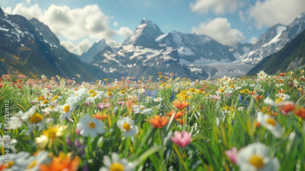 Poster a scenic view of colorful flowers in a field with majestic mountains in the background. ideal for na