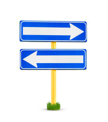 Blue direction sign isolated on white background. 