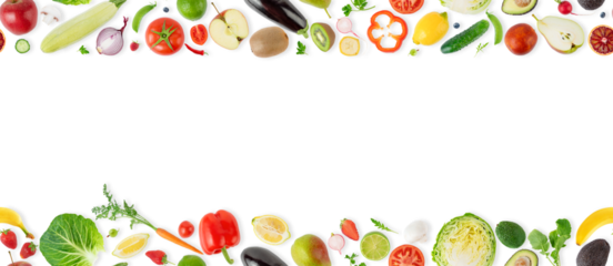 Seamless pattern banner with different fruits, vegetables and berries isolated on white background.