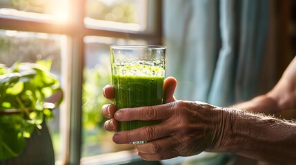 A Senior Mans Hands Embrace a Vibrant Green Smoothie Celebrating a Healthy Lifestyle