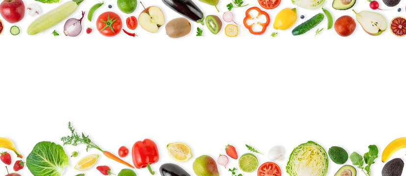 Seamless pattern banner with different fruits, vegetables and berries isolated on white background.