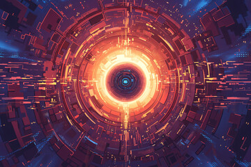 bright, glowing digital vortex with concentric circles and geometric designs in orange and blue hues