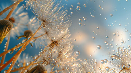 Seeds of dandelion flowers with drops of dew rain wate