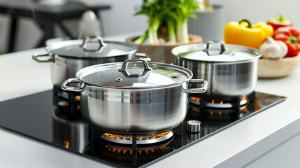 Pots on electric hob burners against white background.