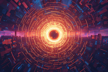 central glowing neon circle with radiating digital patterns in blue and orange creating a dynamic technological visual