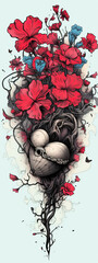 Heart with floral elements and red flowers in an intricate tattoo design