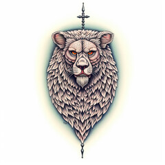 Lion head with intricate fur details and a sword above in tattoo design