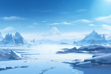 Ice Landscape with Mountains and Frozen Lake, Blue Tones, Winter Adventure