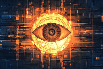 Cybernetic eye with intricate circuitry patterns and a glowing orange center in a digital art style