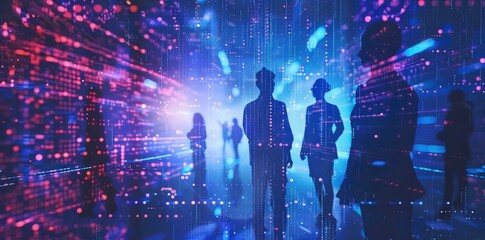 Digital background with holographic business people silhouettes, glowing lines and binary code on white space for text or design. Concept of virtual team work in the era of artificial intelligence 