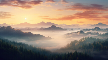 Obraz premium Breathtaking view of vibrant sunrise or sunset over rugged mountain peaks with clouds