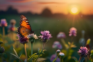 summer nature background with wildflower and butterfly against sunset sky. beautiful summer banner. Generative AI 