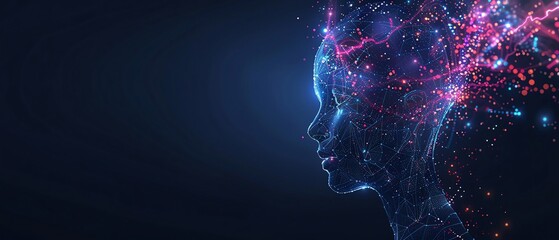 Fototapeta premium Navy color digital hologram futuristic face neuron link on a neuron connection, Artificial intelligence concept, isolated on black background