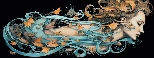 Woman surrounded by fishes and waves in intricate tattoo design