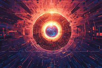 Futuristic digital eye with glowing orange and blue elements in a cybernetic design
